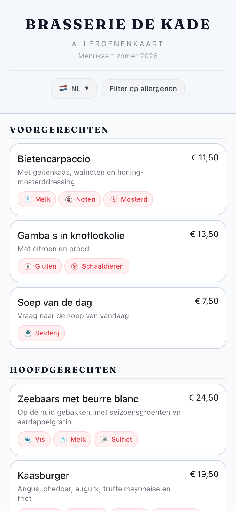 Het online gastenmenu van Brasserie De Kade — een echte kaart uit de app.