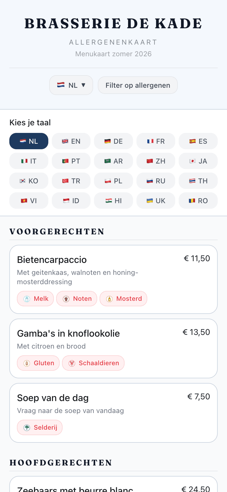 Dezelfde kaart, twintig talen — je gast kiest zelf.